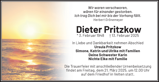 Traueranzeige von Dieter Pritzkow von Märkische Oderzeitung