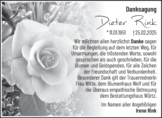 Traueranzeige von Dieter Rink von Märkische Oderzeitung