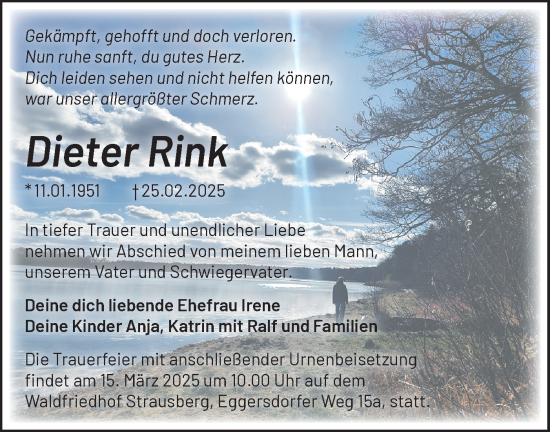 Traueranzeige von Dieter Rink von Märkische Oderzeitung