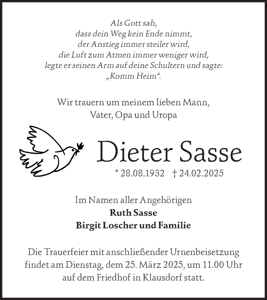  Traueranzeige für Dieter Sasse vom 08.03.2025 aus Märkische Oderzeitung