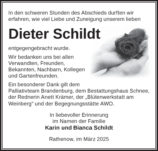 Traueranzeige von Dieter Schildt von Märkische Oderzeitung