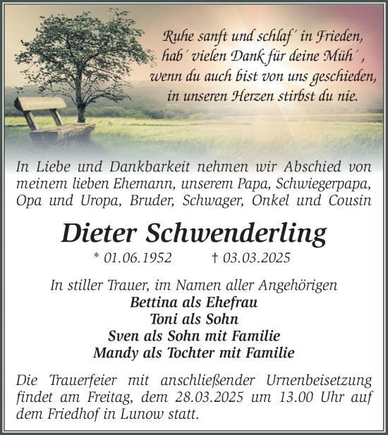 Traueranzeige von Dieter Schwenderling von Märkische Oderzeitung