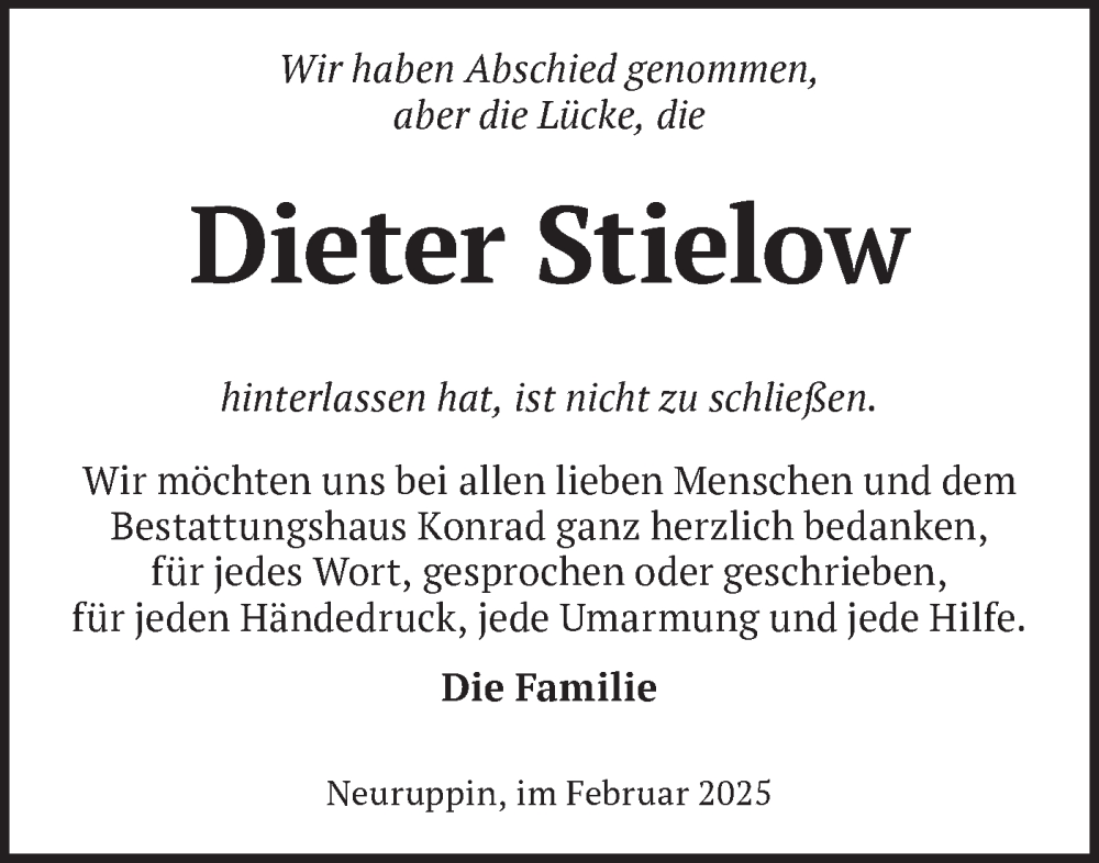  Traueranzeige für Dieter Stielow vom 08.03.2025 aus Märkische Oderzeitung