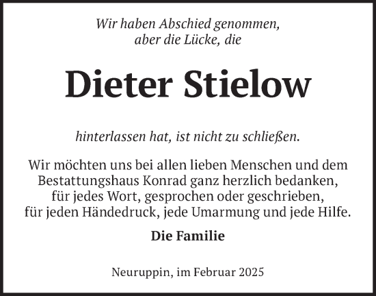 Traueranzeige von Dieter Stielow von Märkische Oderzeitung