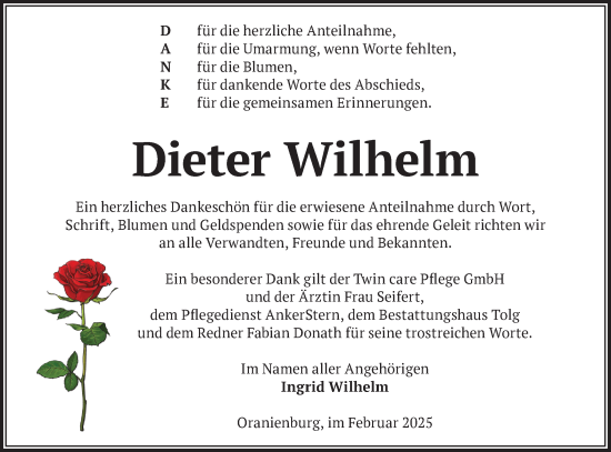 Traueranzeige von Dieter Wilhelm von Märkische Oderzeitung
