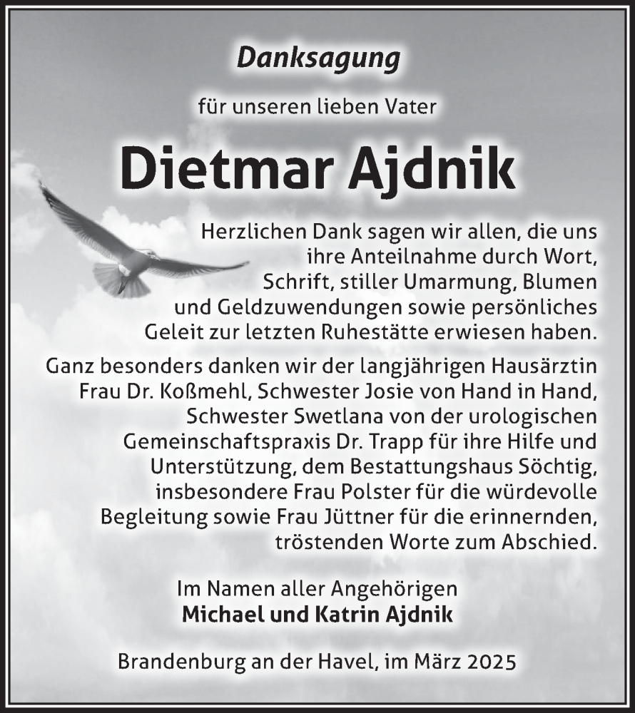  Traueranzeige für Dietmar Ajdnik vom 15.03.2025 aus Märkische Oderzeitung