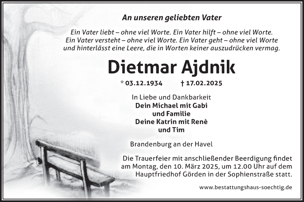  Traueranzeige für Dietmar Ajdnik vom 01.03.2025 aus Märkische Oderzeitung