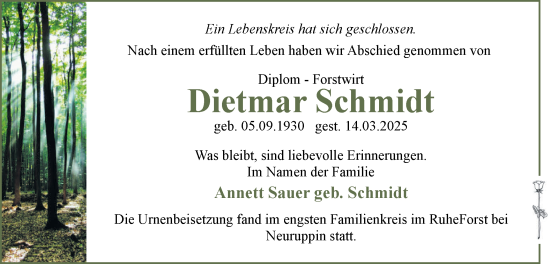 Traueranzeige von Dietmar Schmidt von Märkische Oderzeitung