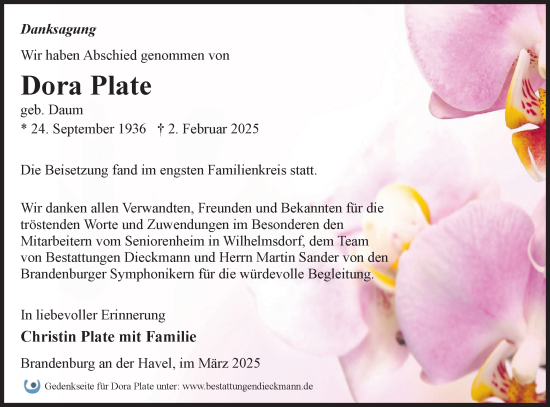 Traueranzeige von Dora Plate von Märkische Oderzeitung