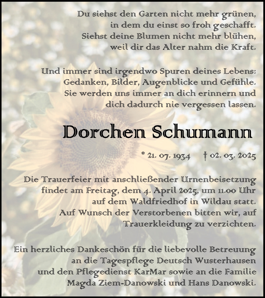  Traueranzeige für Dorchen Schumann vom 08.03.2025 aus Märkische Oderzeitung