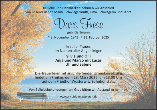 Traueranzeige von Doris Frese von Märkische Oderzeitung