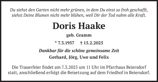 Traueranzeige von Doris Haake von Märkische Oderzeitung