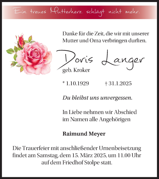 Traueranzeige von Doris Langer von Märkische Oderzeitung