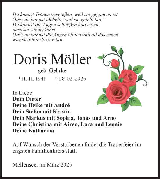 Traueranzeige von Doris Möller von Märkische Oderzeitung