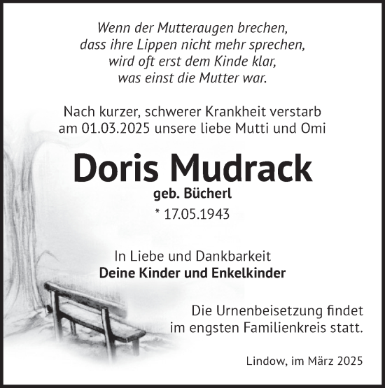 Traueranzeige von Doris Mudrack von Märkische Oderzeitung