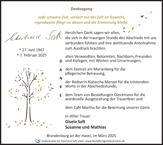 Traueranzeige von Eberhard Saft von Märkische Oderzeitung