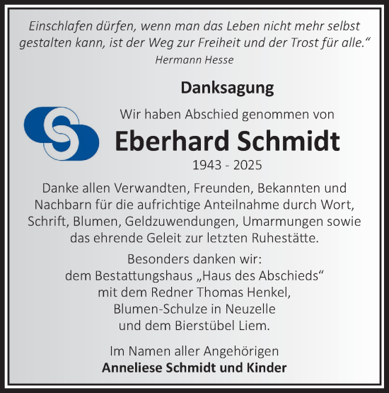 Traueranzeige von Eberhard Schmidt von Märkische Oderzeitung