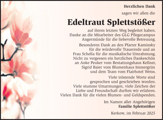 Traueranzeige von Edeltraut Splettstößer von Märkische Oderzeitung