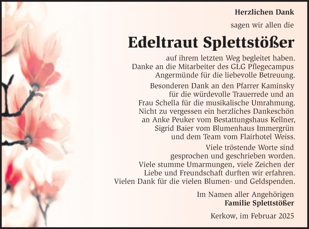  Traueranzeige für Edeltraut Splettstößer vom 08.03.2025 aus Märkische Oderzeitung