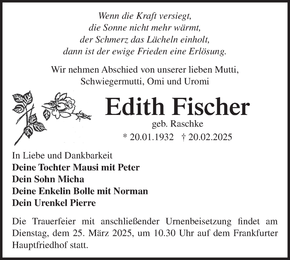  Traueranzeige für Edith Fischer vom 08.03.2025 aus Märkische Oderzeitung