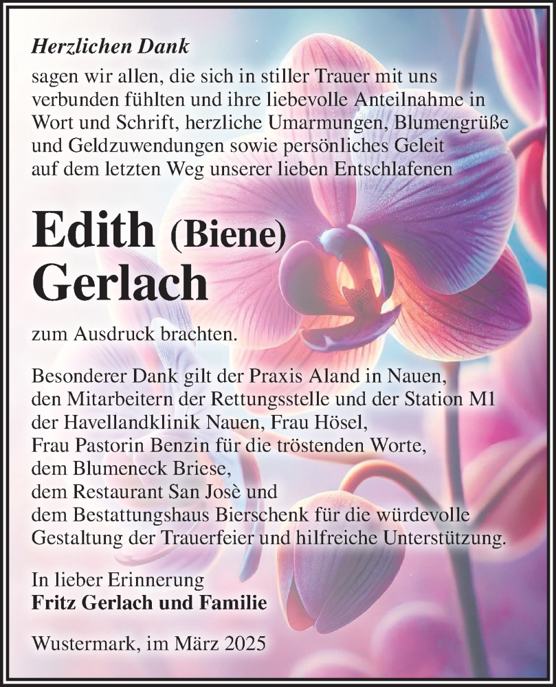  Traueranzeige für Edith  Gerlach vom 15.03.2025 aus Märkische Oderzeitung