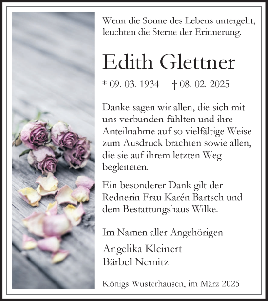 Traueranzeige von Edith Glettner von Märkische Oderzeitung