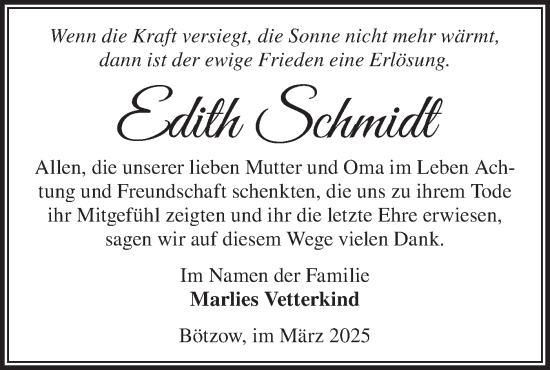 Traueranzeige von Edith Schmidt von Märkische Oderzeitung