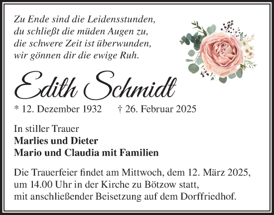 Traueranzeige von Edith Schmidt von Märkische Oderzeitung