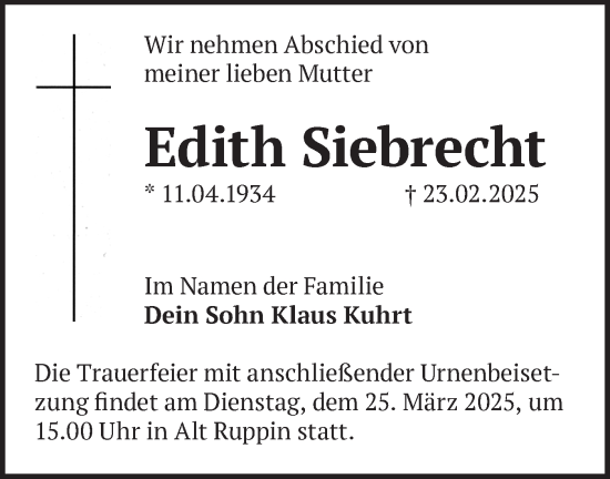 Traueranzeige von Edith Siebrecht von Märkische Oderzeitung