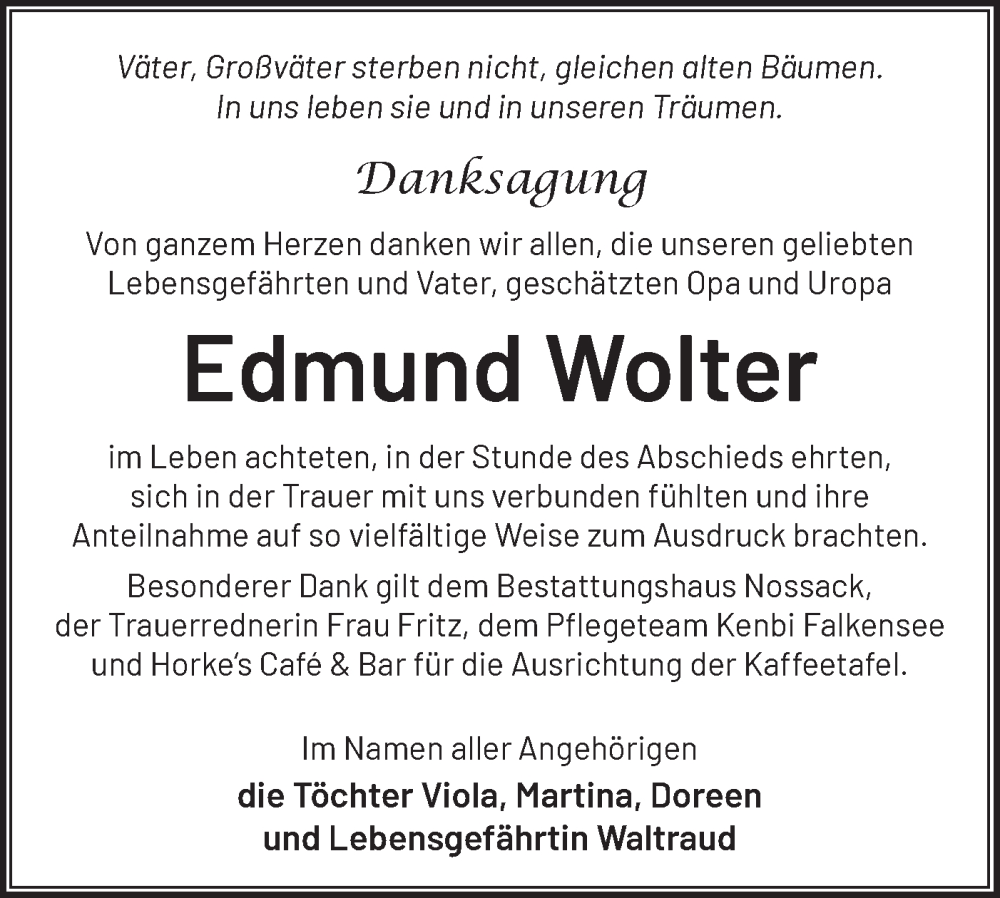  Traueranzeige für Edmund Wolter vom 29.03.2025 aus Märkische Oderzeitung