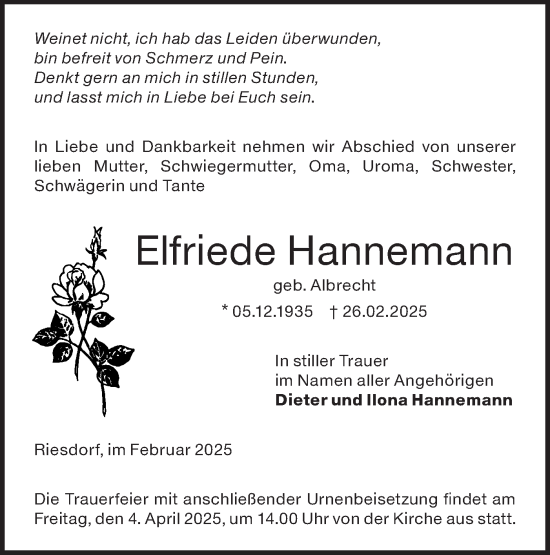 Traueranzeige von Elfriede Hannemann von Märkische Oderzeitung
