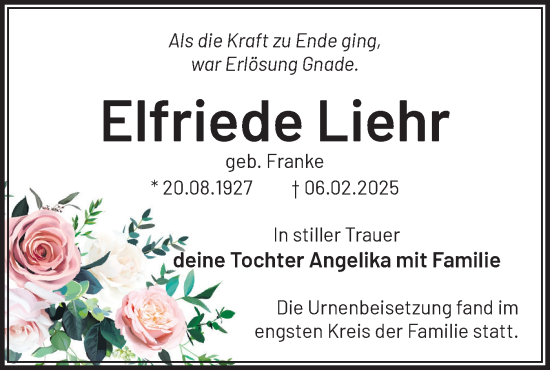 Traueranzeige von Elfriede Liehr von Märkische Oderzeitung