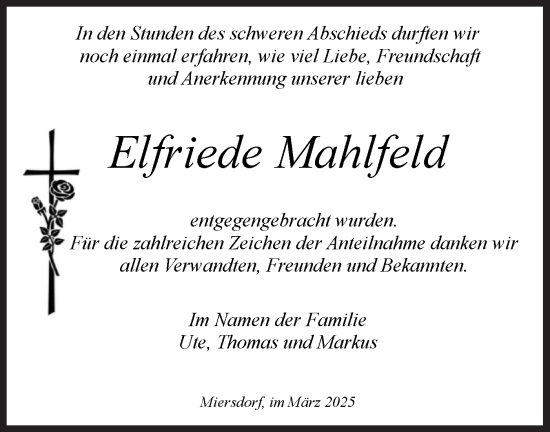 Traueranzeige von Elfriede Mahlfeld von Märkische Oderzeitung