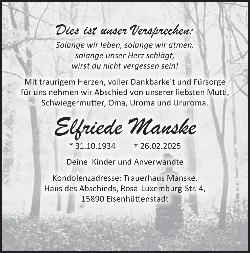  Traueranzeige für Elfriede Manske vom 08.03.2025 aus Märkische Oderzeitung