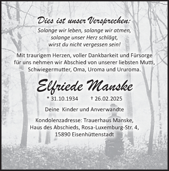 Traueranzeige von Elfriede Manske von Märkische Oderzeitung