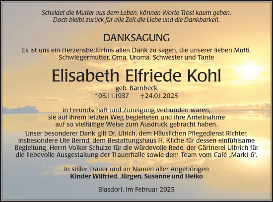 Traueranzeige von Elisabeth Elfriede Kohl von Märkische Oderzeitung