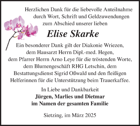 Traueranzeige von Elise Skarke von Märkische Oderzeitung