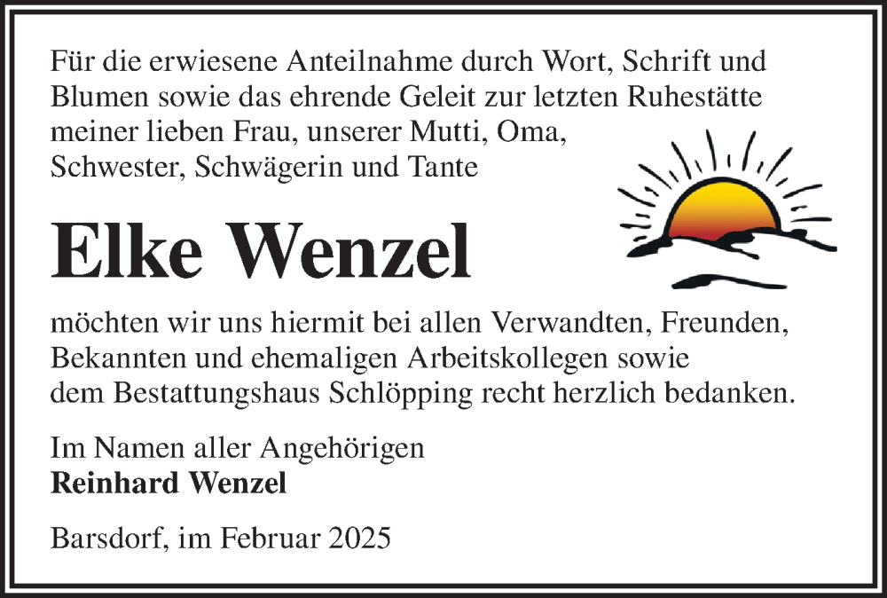  Traueranzeige für Elke Wenzel vom 01.03.2025 aus Märkische Oderzeitung