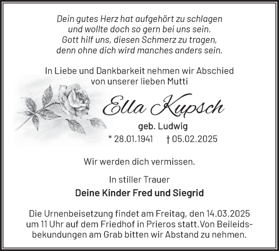 Traueranzeige von Ella Kupsch von Märkische Oderzeitung
