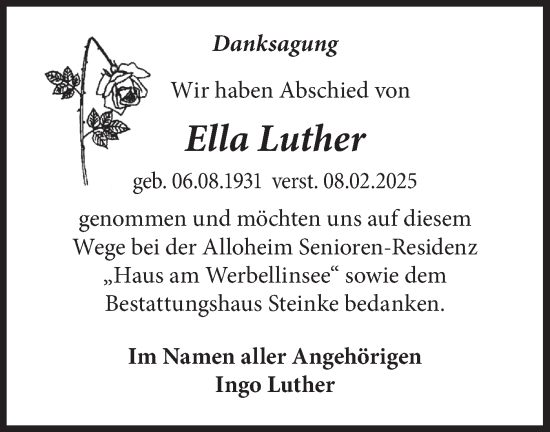 Traueranzeige von Ella Luther von Märkische Oderzeitung