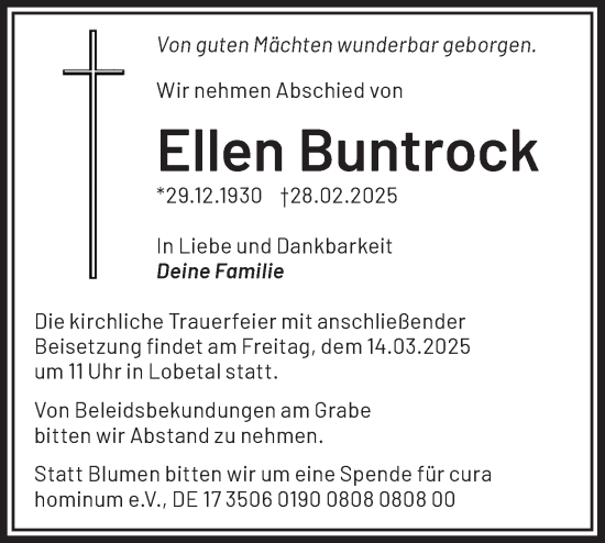 Traueranzeige von Ellen Buntrock von Märkische Oderzeitung