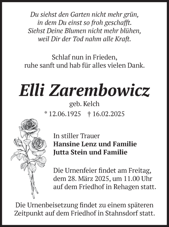 Traueranzeige von Elli Zarembowicz von Märkische Oderzeitung