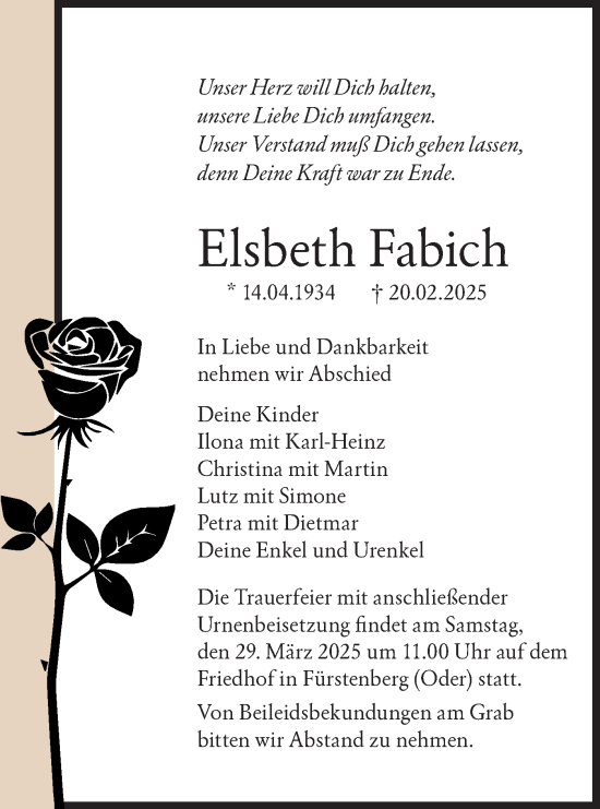 Traueranzeige von Elsbeth Fabich von Märkische Oderzeitung