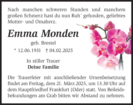 Traueranzeige von Emma Monden von Märkische Oderzeitung