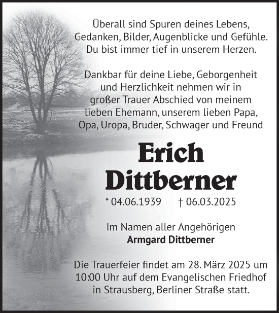Traueranzeige von Erich Dittberner von Märkische Oderzeitung