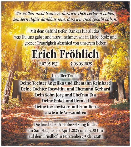 Traueranzeige von Erich Fröhlich von Märkische Oderzeitung