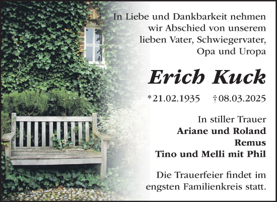 Traueranzeige von Erich Kuck von Märkische Oderzeitung