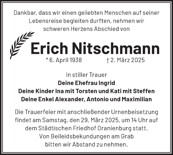 Traueranzeige von Erich Nitschmann von Märkische Oderzeitung