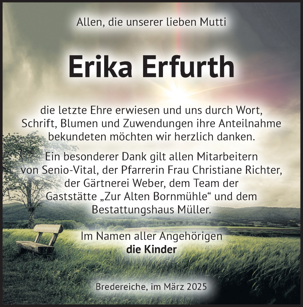  Traueranzeige für Erika Erfurth vom 12.03.2025 aus Märkische Oderzeitung