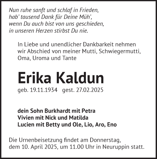 Traueranzeige von Erika Kaldun von Märkische Oderzeitung